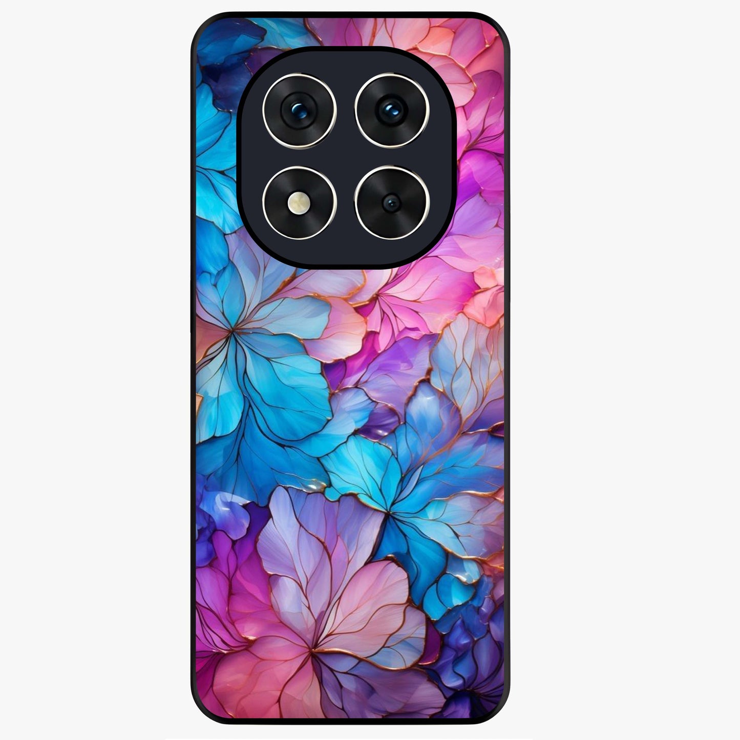 Radiant Floral Whirl Glass Case showing flat back view with swirling floral artwork and glossy glass finish.