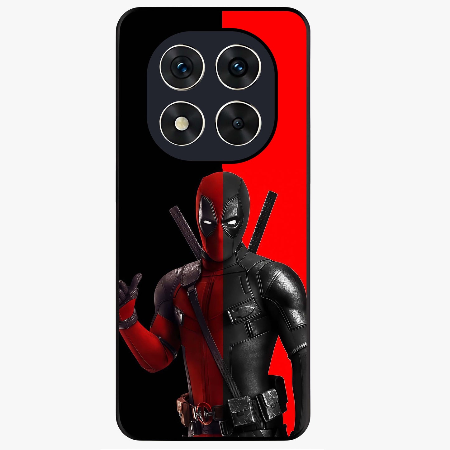 Red & Black Deadpool Theme Glass Case showing flat back view with bold comic inspired artwork and glossy glass finish.