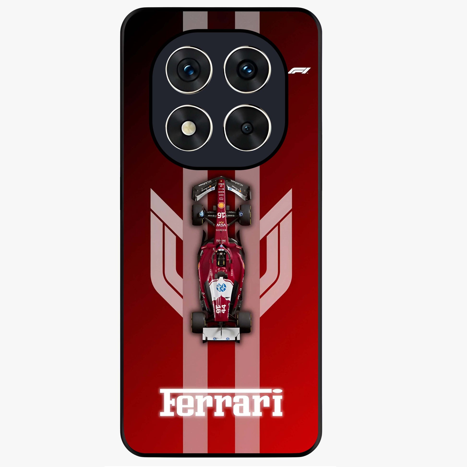 Red Ferrari F1 Vertical Glass Case showing flat back view with sleek Formula racing car artwork and glossy glass finish.