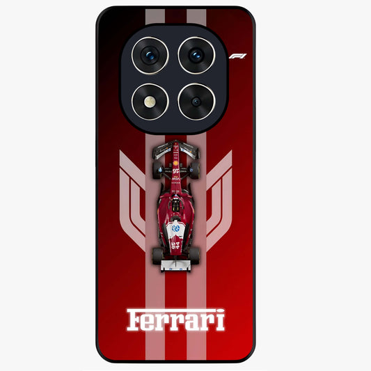 Red Ferrari F1 Vertical Glass Case showing flat back view with sleek Formula racing car artwork and glossy glass finish.