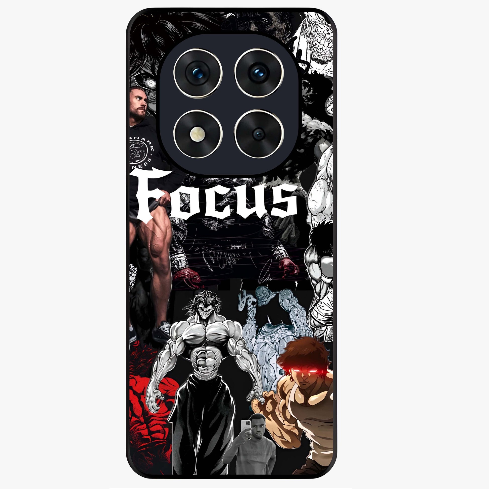 Relentless Power Focus Glass Case showing flat back view with motivational typography artwork and glossy glass finish.