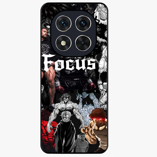 Relentless Power Focus Glass Case showing flat back view with motivational typography artwork and glossy glass finish.