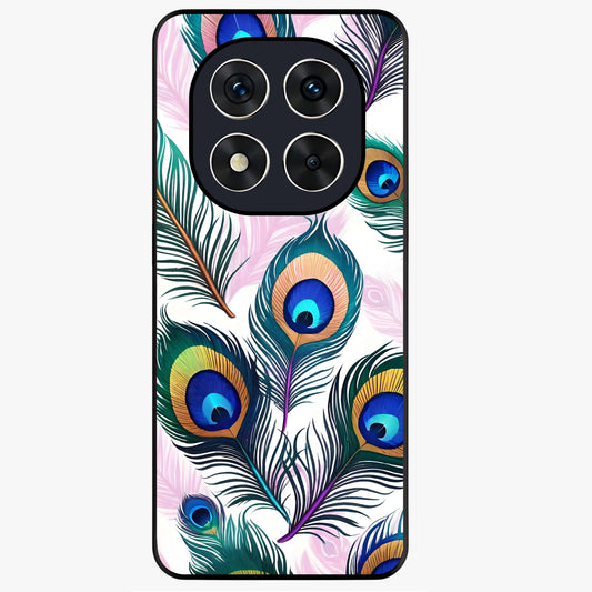 Royal Peacock Feathers Glass Case showing flat back view with colorful peacock feather artwork and glossy glass finish.