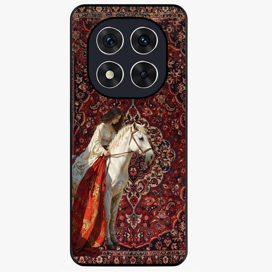 Royal Rider Tapestry Glass Case showing flat back view with majestic horse rider tapestry artwork and glossy glass finish.