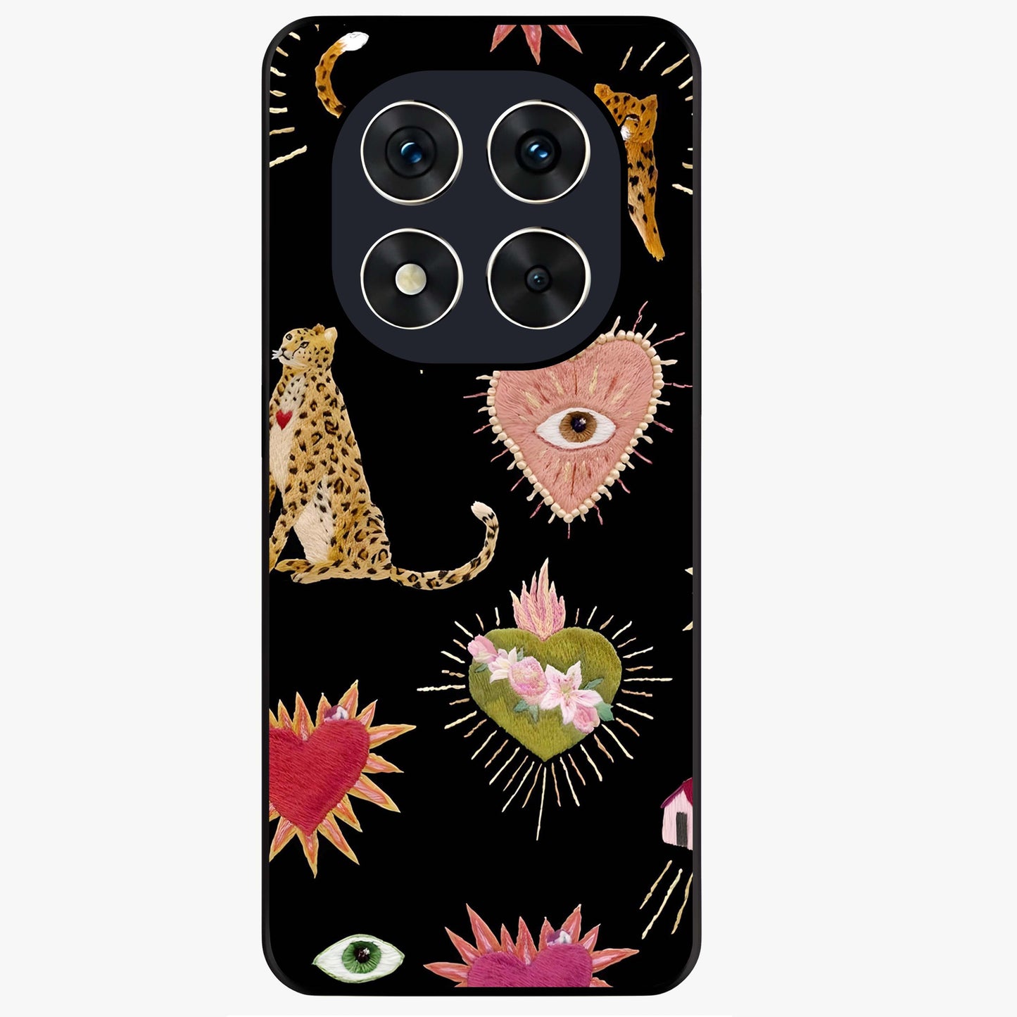 Sacred Jungle Heart Glass Case showing flat back view with jungle inspired heart artwork and glossy glass finish.
