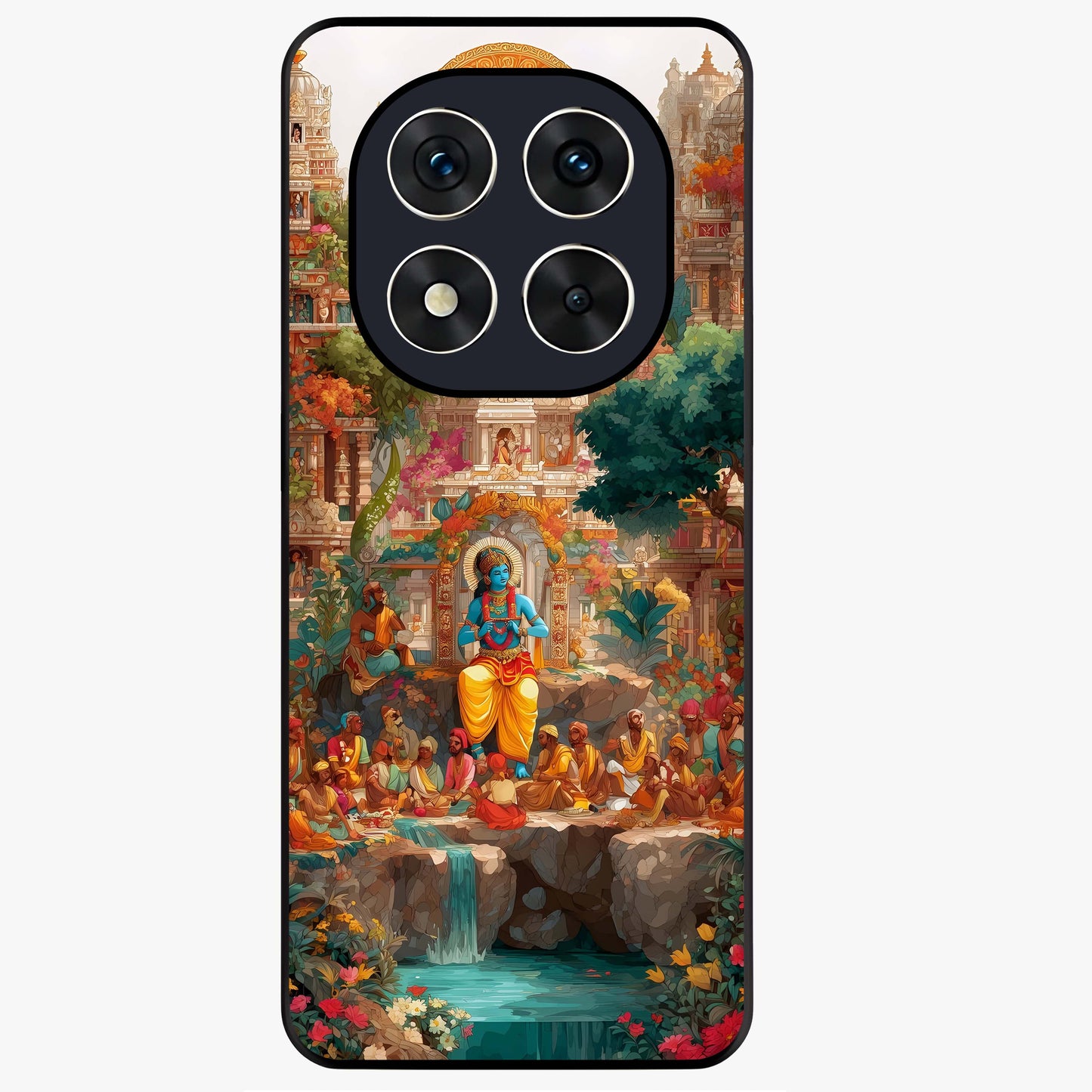 Sacred Sunlight Gods Glass Case showing flat back view with divine sunlight themed artwork and glossy glass finish.