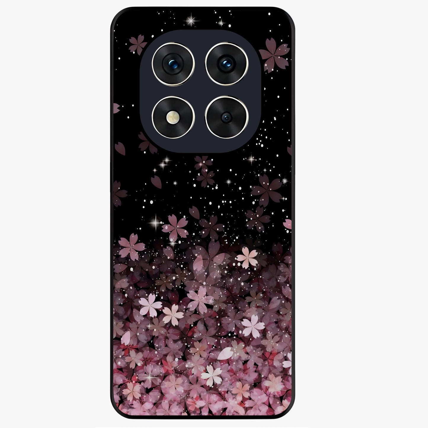 Small Starry Flowers Glass Case showing flat back view with delicate starry floral artwork and glossy glass finish.
