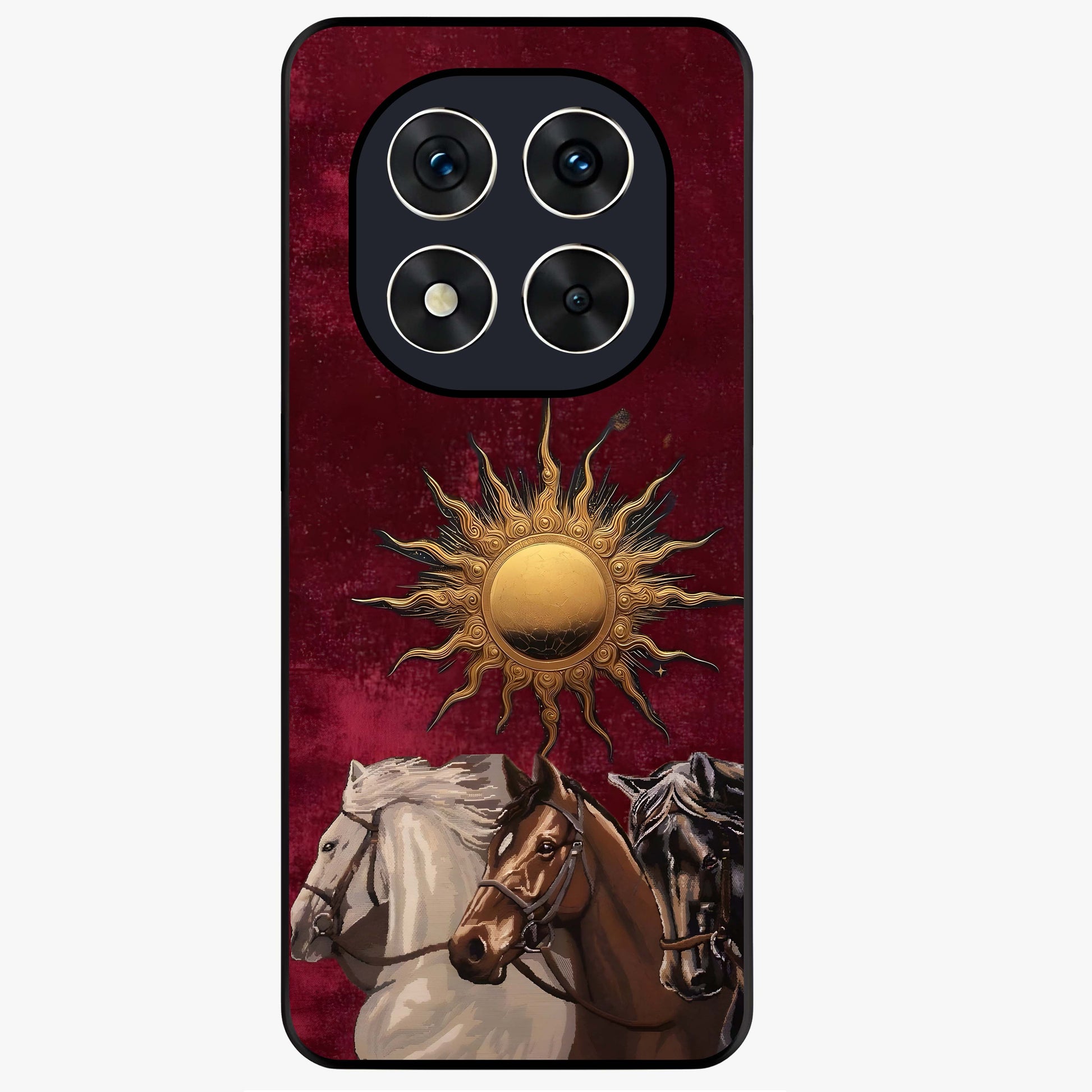 Solar Riders Glass Case showing flat back view with dynamic rider themed artwork and glossy glass finish.