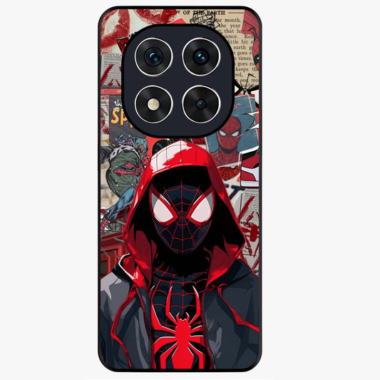 Spider Collage Street Glass Case showing flat back view with vibrant superhero collage artwork and glossy glass finish.
