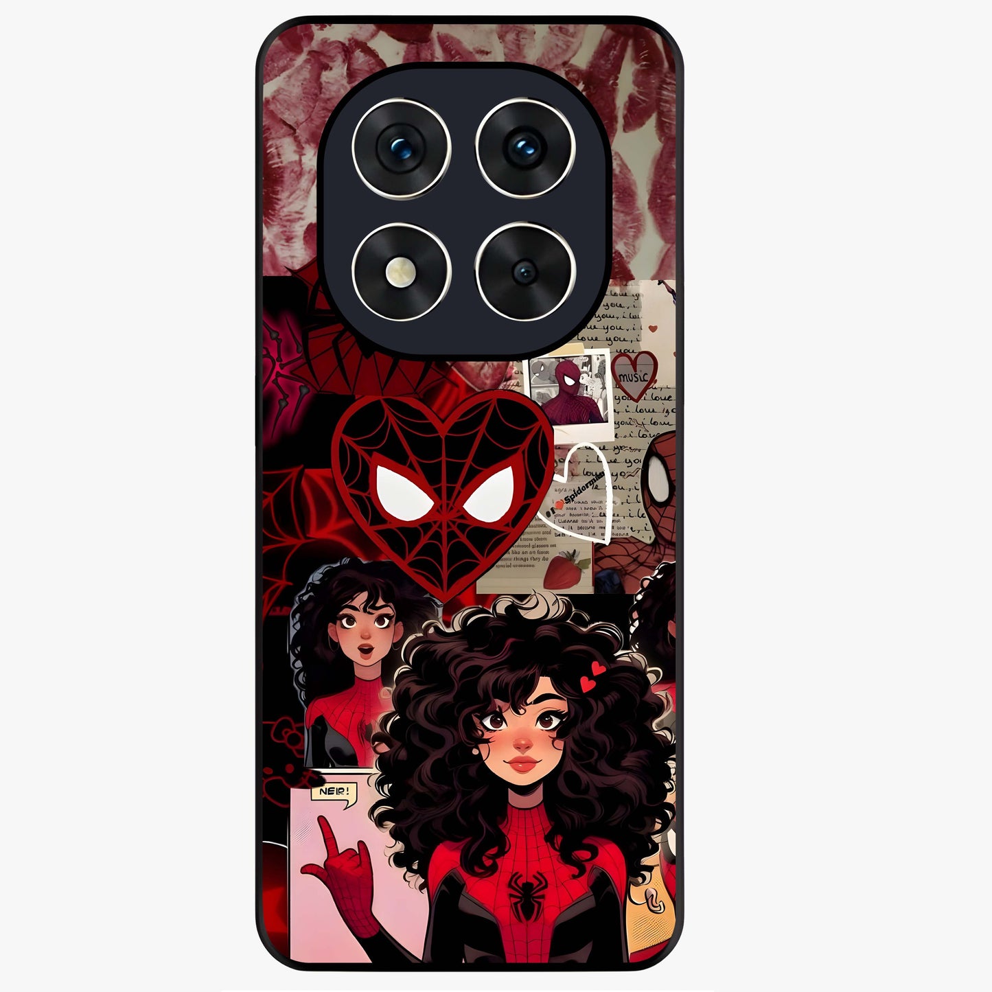 Spider Love Story Glass Case showing flat back view with romantic superhero themed artwork and glossy glass finish.
