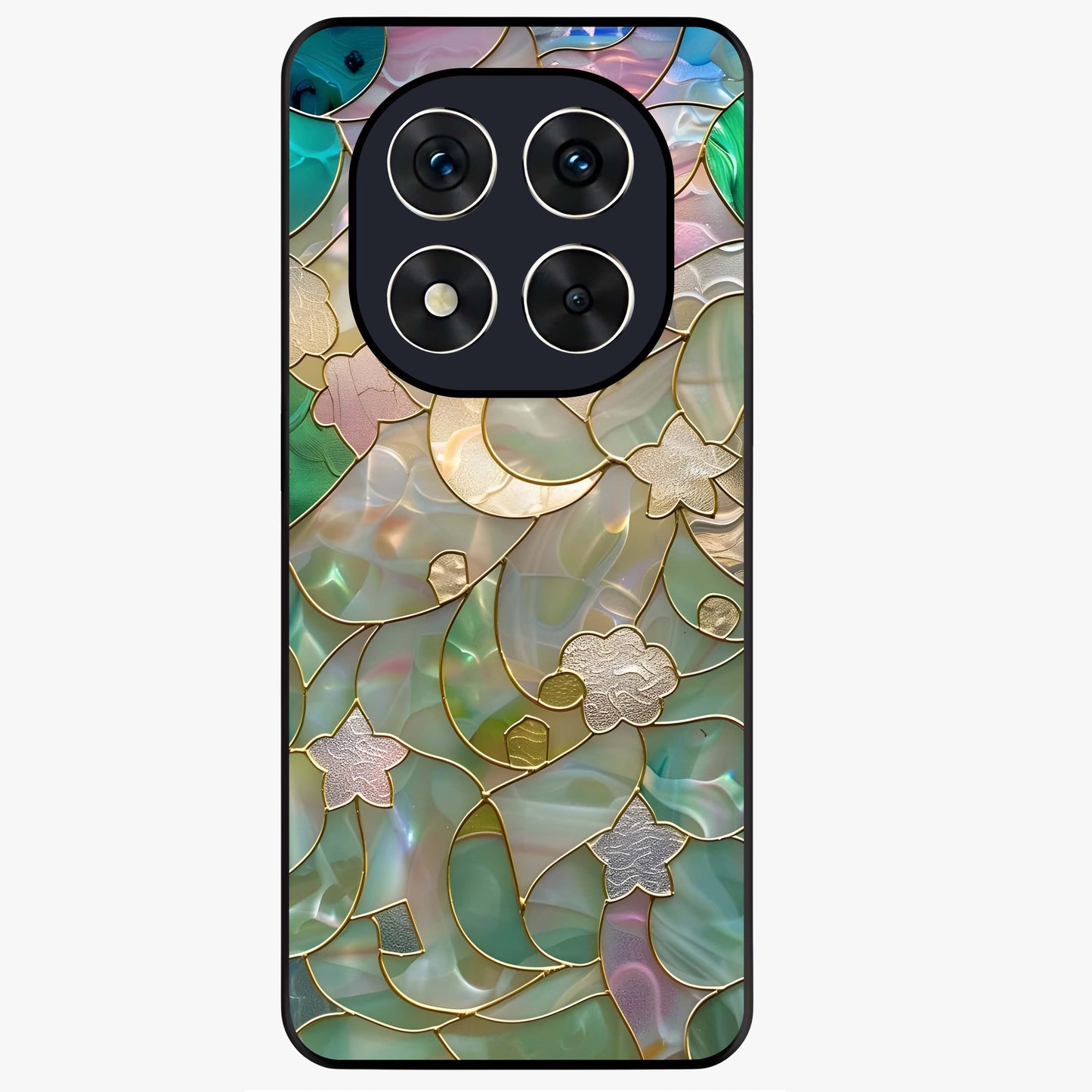 Stained Sunrise Glow Glass Case showing flat back view with glowing sunrise stained pattern artwork and glossy glass finish.