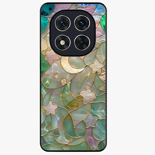 Stained Sunrise Glow Glass Case showing flat back view with glowing sunrise stained pattern artwork and glossy glass finish.