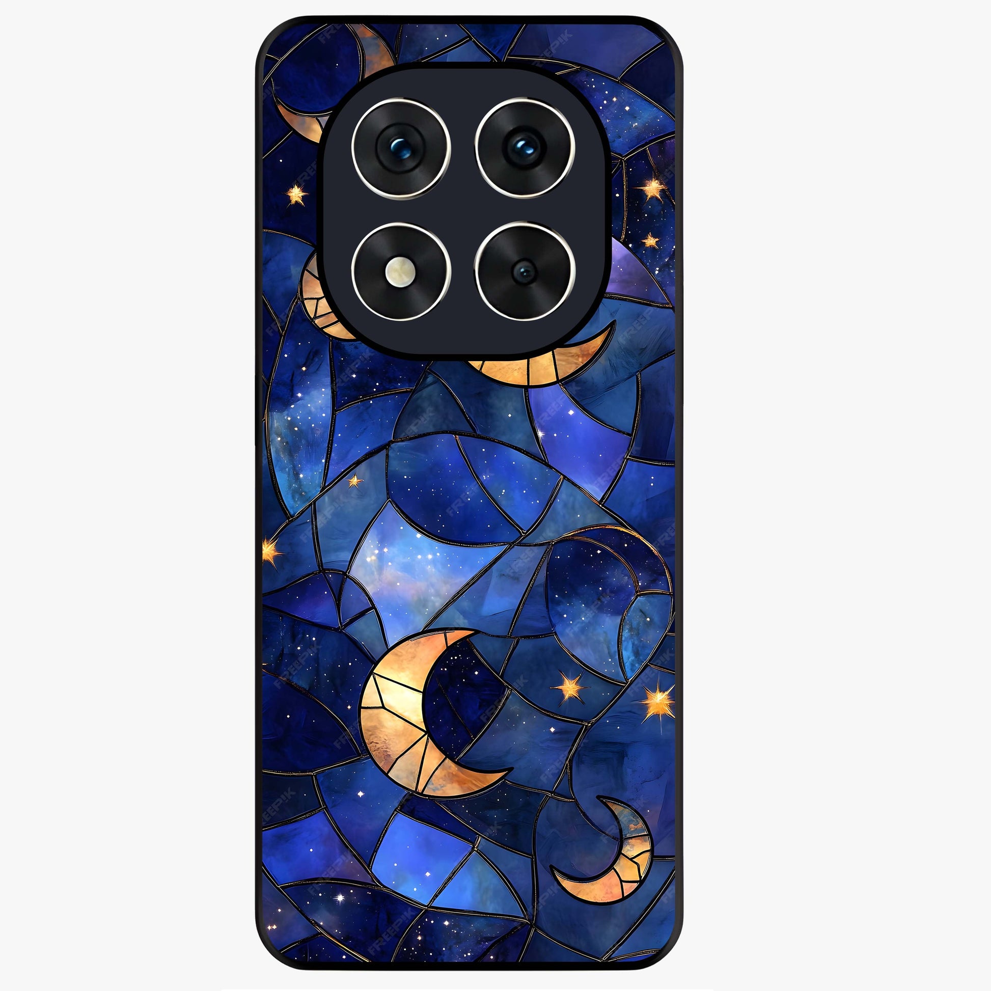 Starlit Sky Tapestry Glass Case showing flat back view with decorative starry sky tapestry artwork and glossy glass finish.
