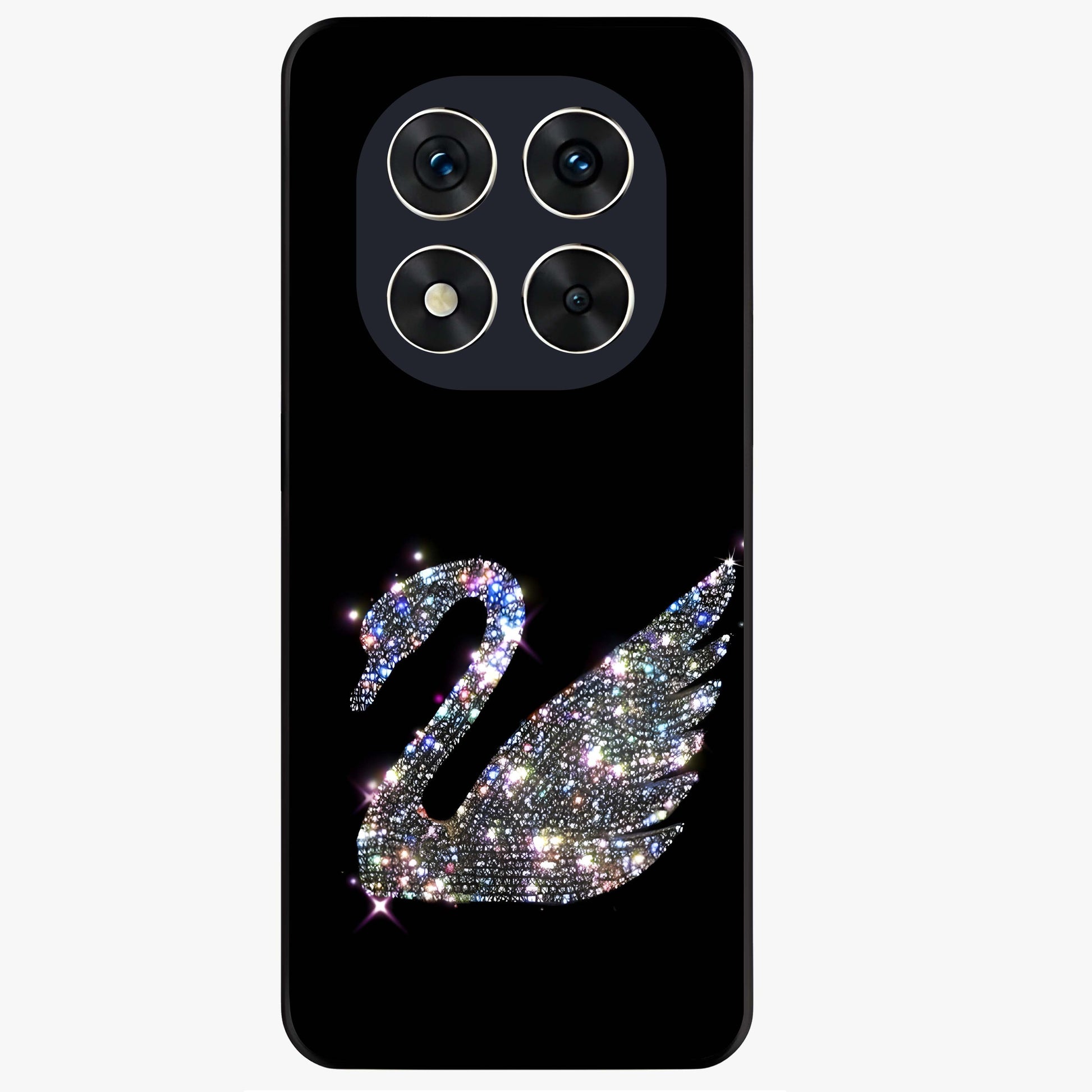 Starlit Swan Grace Glass Case showing flat back view with graceful swan artwork under starry sky and glossy glass finish.