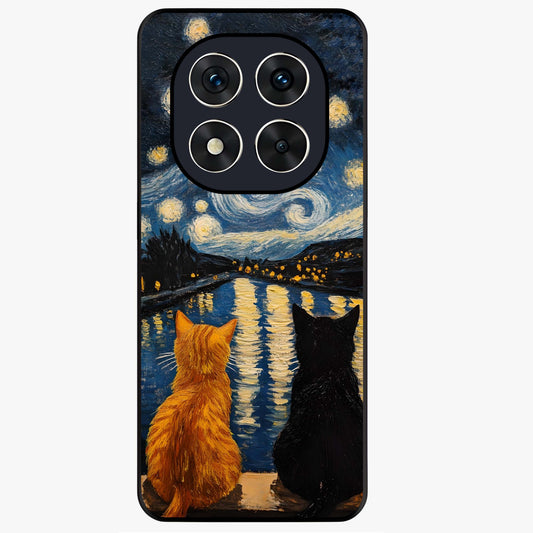 Starry River Cats Glass Case showing flat back view with cats by a starry river artwork and glossy glass finish.