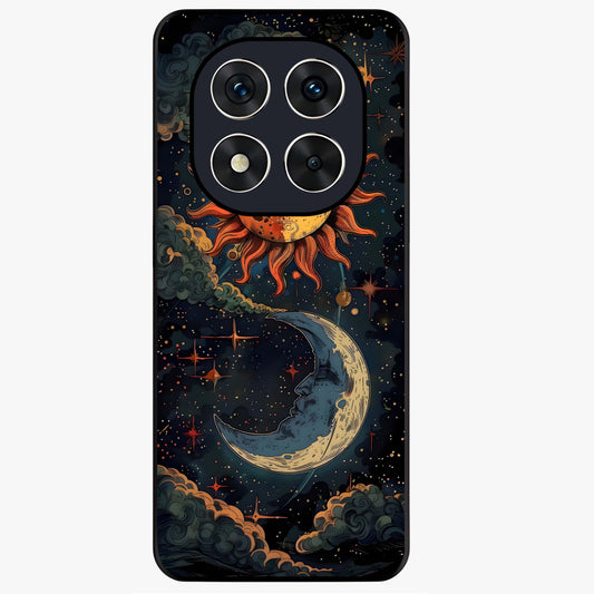 Sun And Moon Magic Design Glass Case showing flat back view with mystical sun and moon artwork and glossy glass finish.