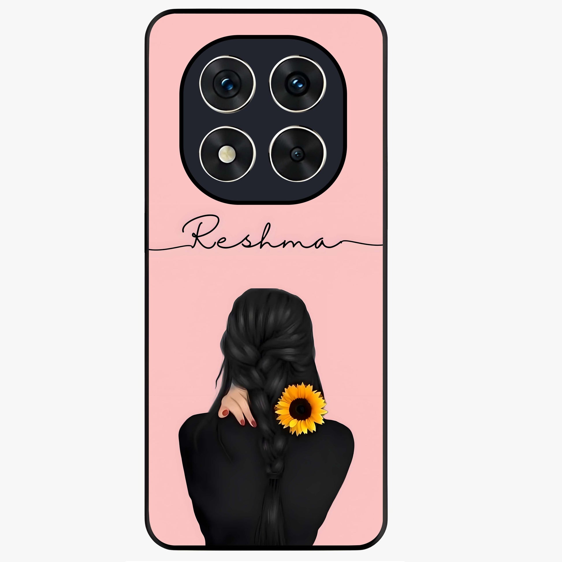 Sunflower Braid Beauty With Custom Name Glass Case showing flat back view with sunflower braid artwork and personalized name design.