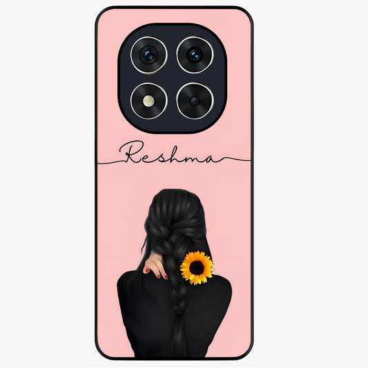 Sunflower Braid Beauty With Custom Name Glass Case showing flat back view with sunflower braid artwork and personalized name design.