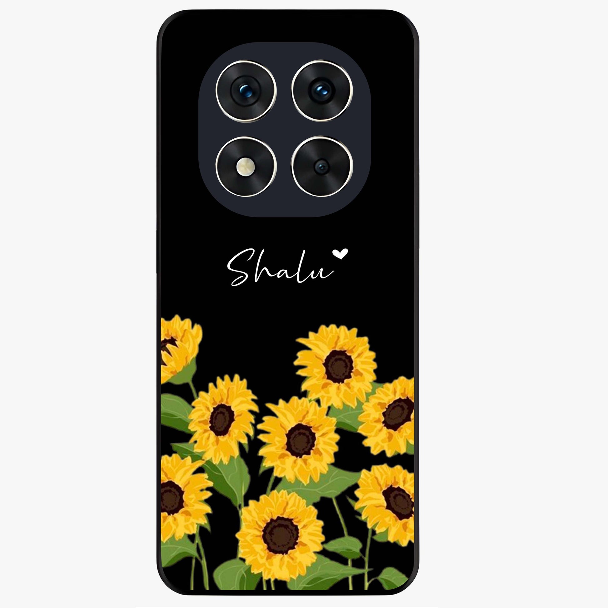 Sunflower Chic Mood Custom Name Glass Case showing flat back view with stylish sunflower artwork and personalized name design.