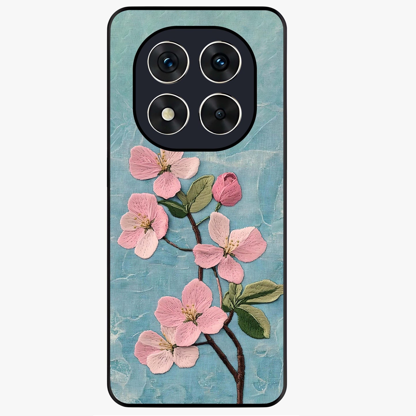 Threaded Blossom Breeze Glass Case showing flat back view with delicate blossom artwork and glossy glass finish.