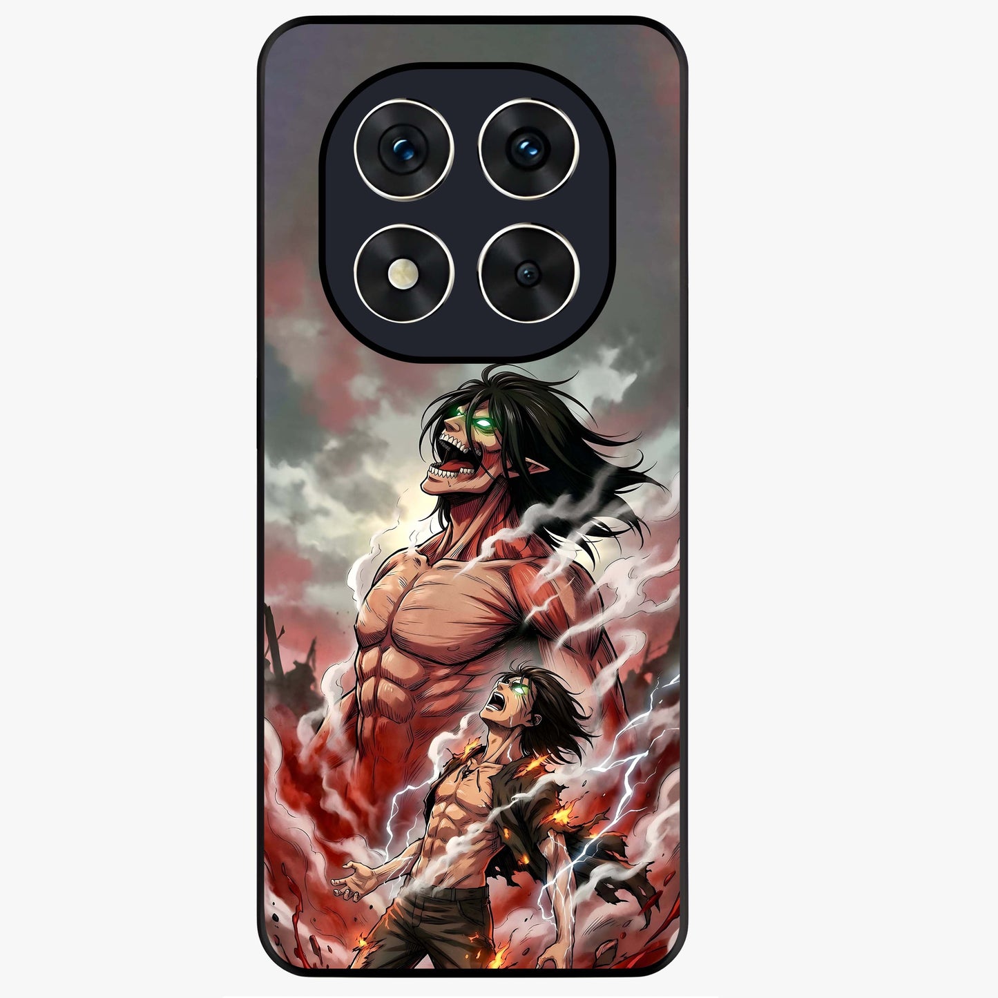 Titan Awakening Fury Glass Case showing flat back view with powerful titan inspired artwork and glossy glass finish.