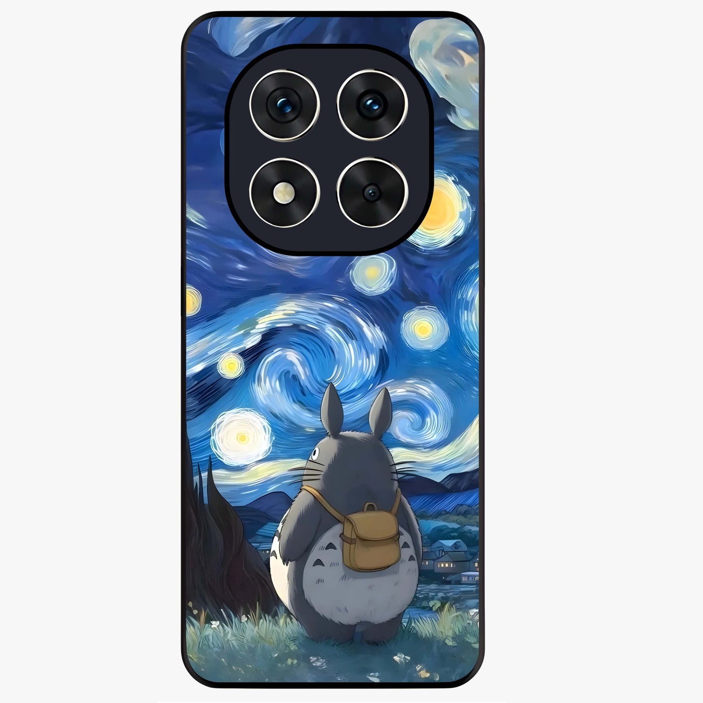 Totoro In Van Gogh Art Glass Case showing flat back view with whimsical character artwork inspired by Van Gogh style and glossy glass finish.