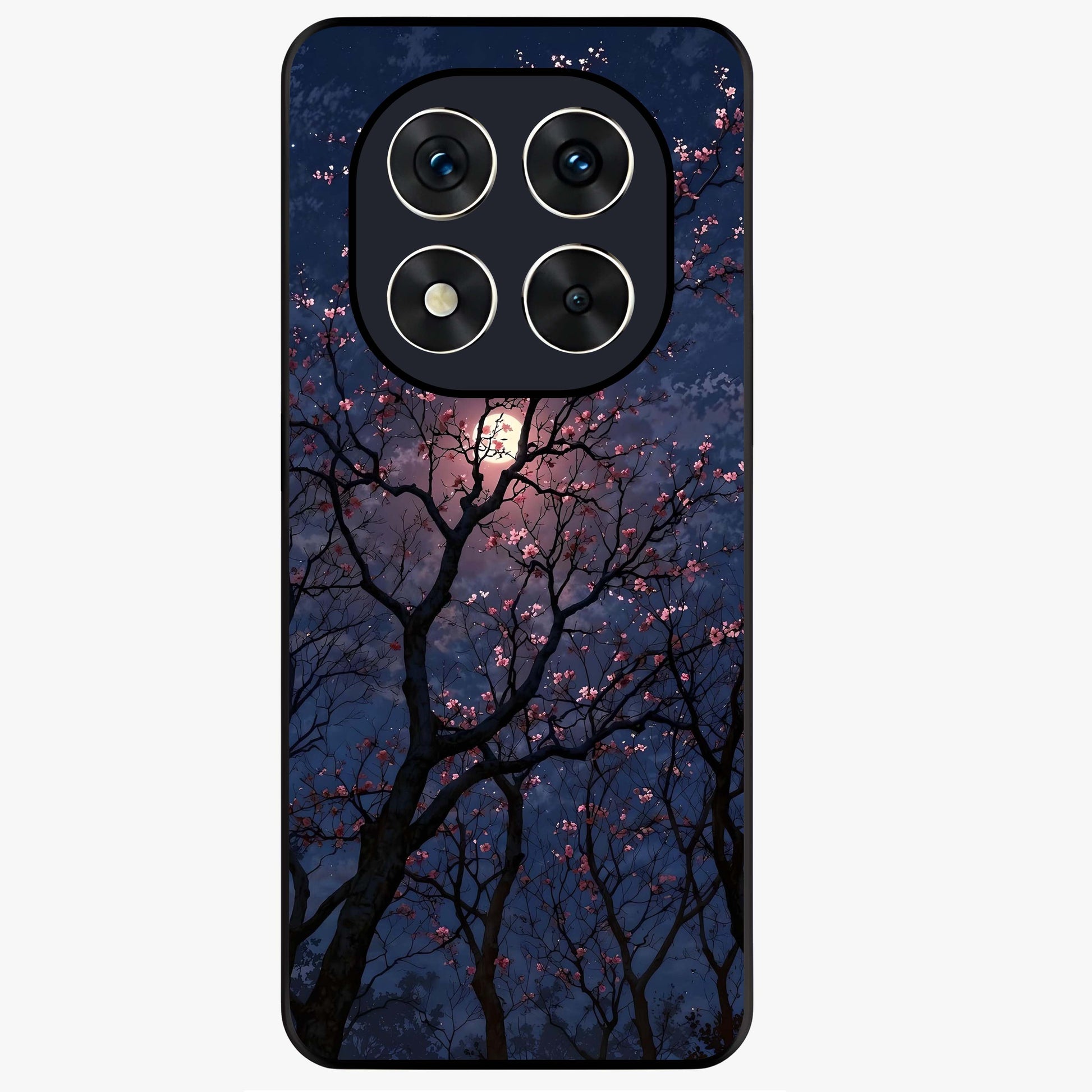 Twilight Sakura Serenade Glass Case showing flat back view with cherry blossom artwork at twilight and glossy glass finish.