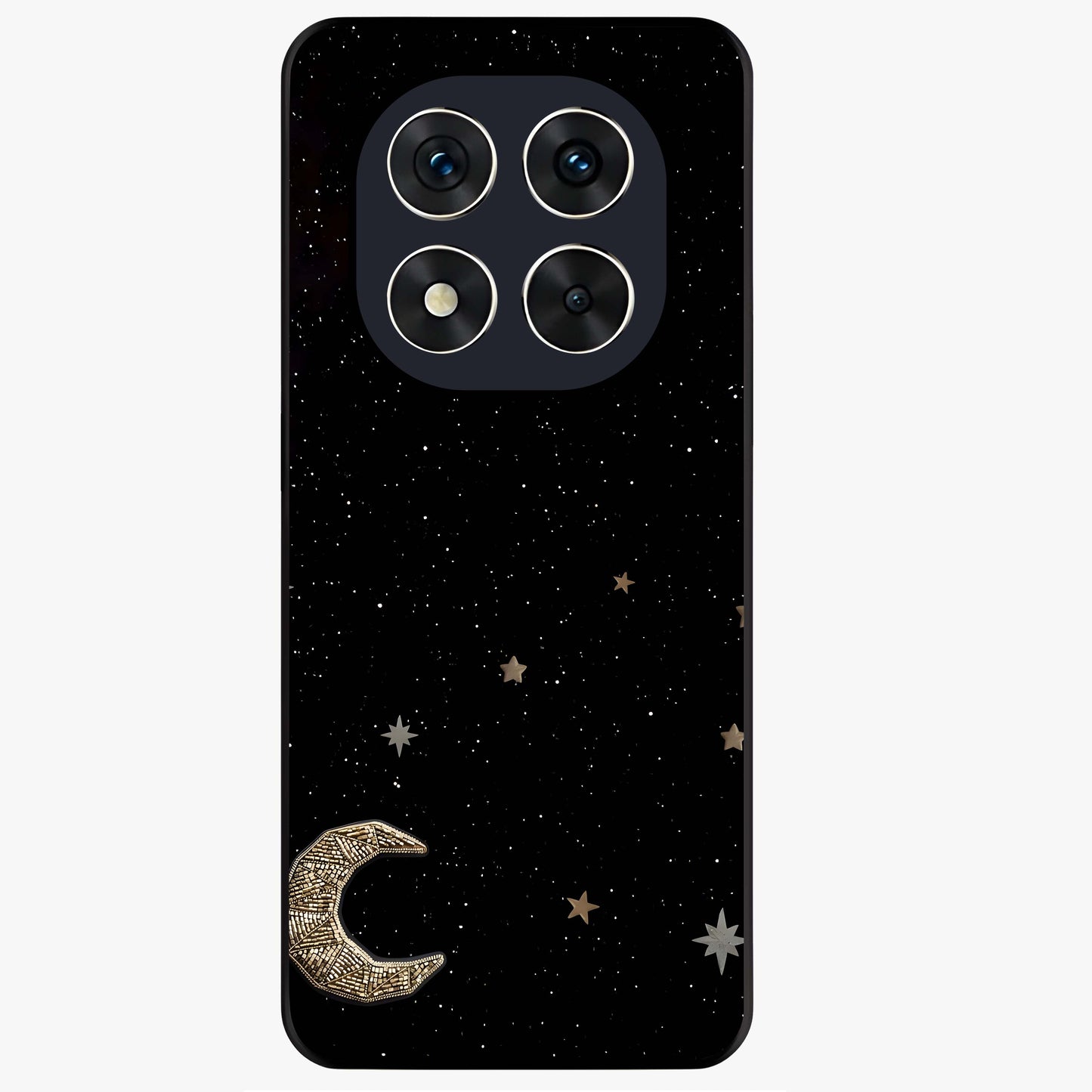 Twinkle Star With Half Moon Glass Case showing flat back view with star and half moon artwork and glossy glass finish.