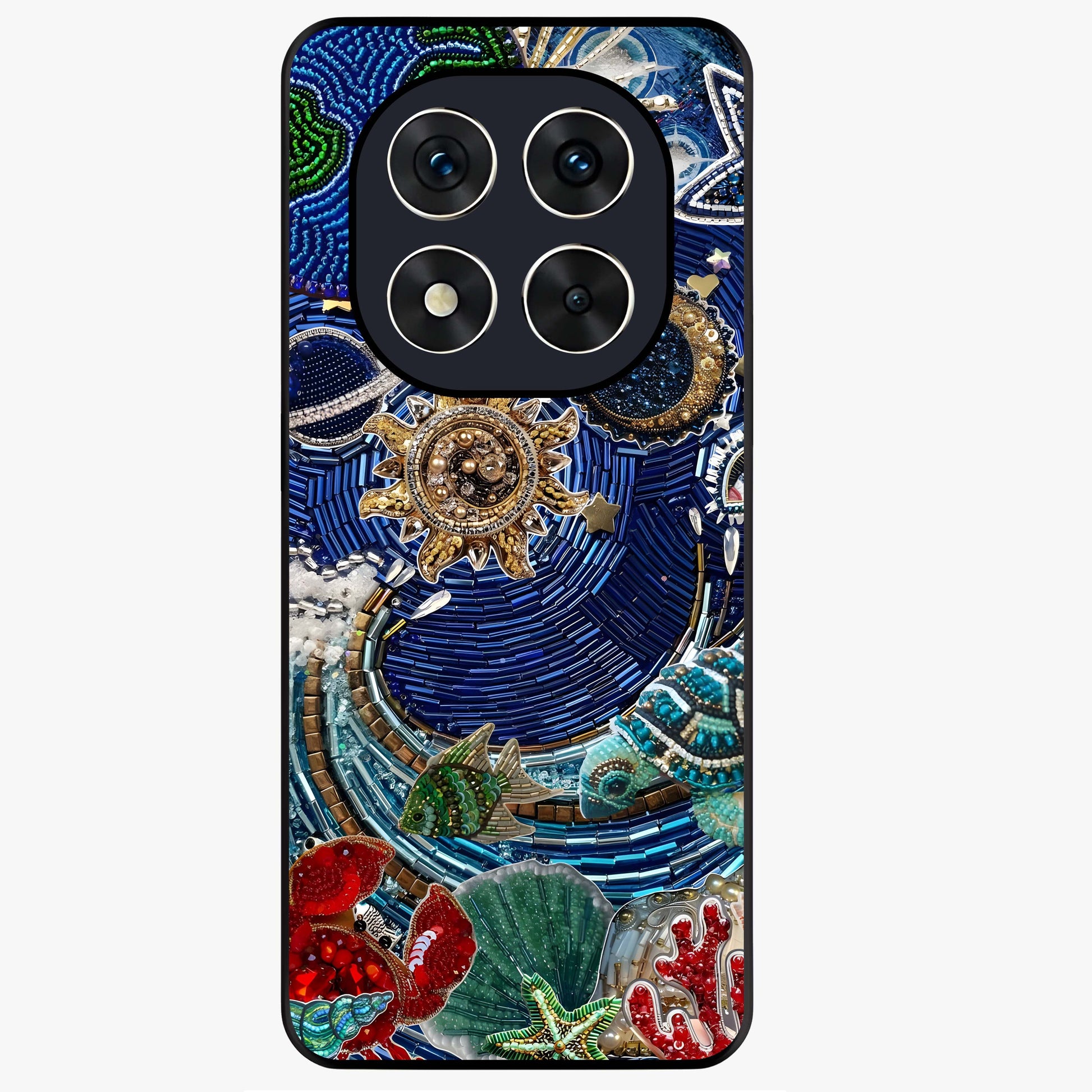 Universe Underwater Spark Glass Case showing flat back view with cosmic underwater themed artwork and glossy glass finish.