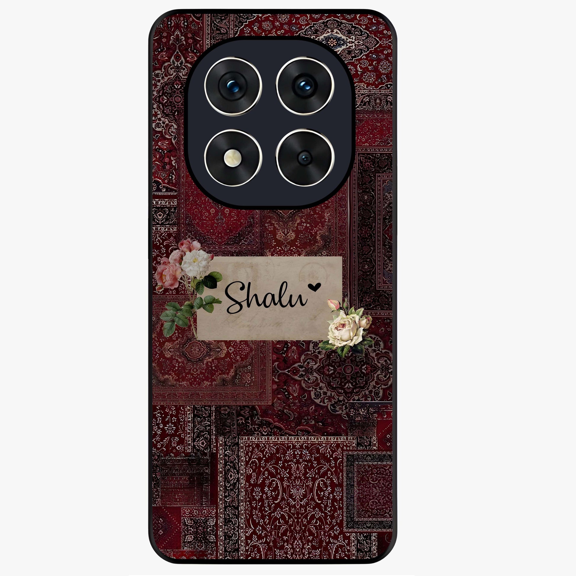 Velvet Wine Pattern Custom Name Glass Case showing flat back view with elegant wine colored pattern artwork and personalized name design.