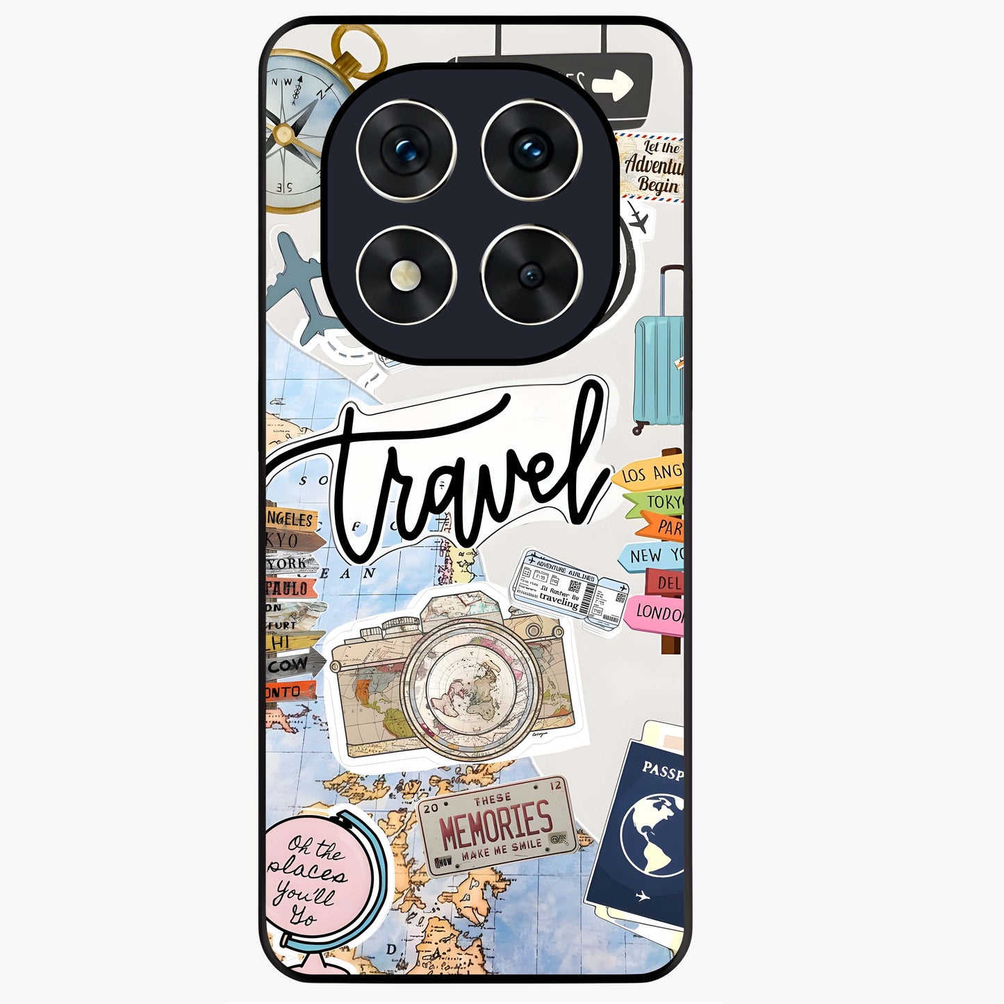 Wanderlust Journal Glass Case showing flat back view with travel inspired artwork and glossy glass finish.