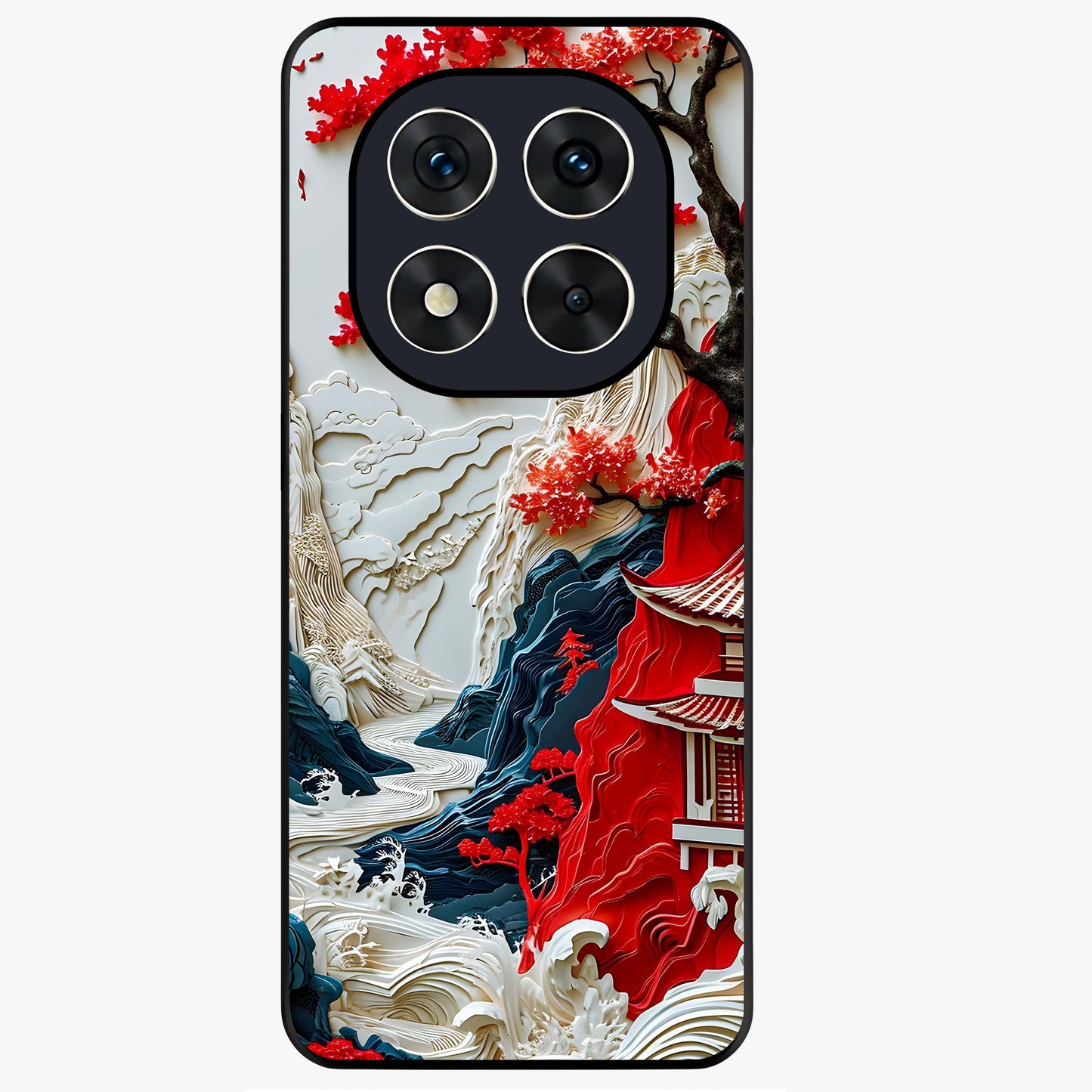 Whispers Of Sakura Waves Glass Case showing flat back view with cherry blossom wave artwork and glossy glass finish.