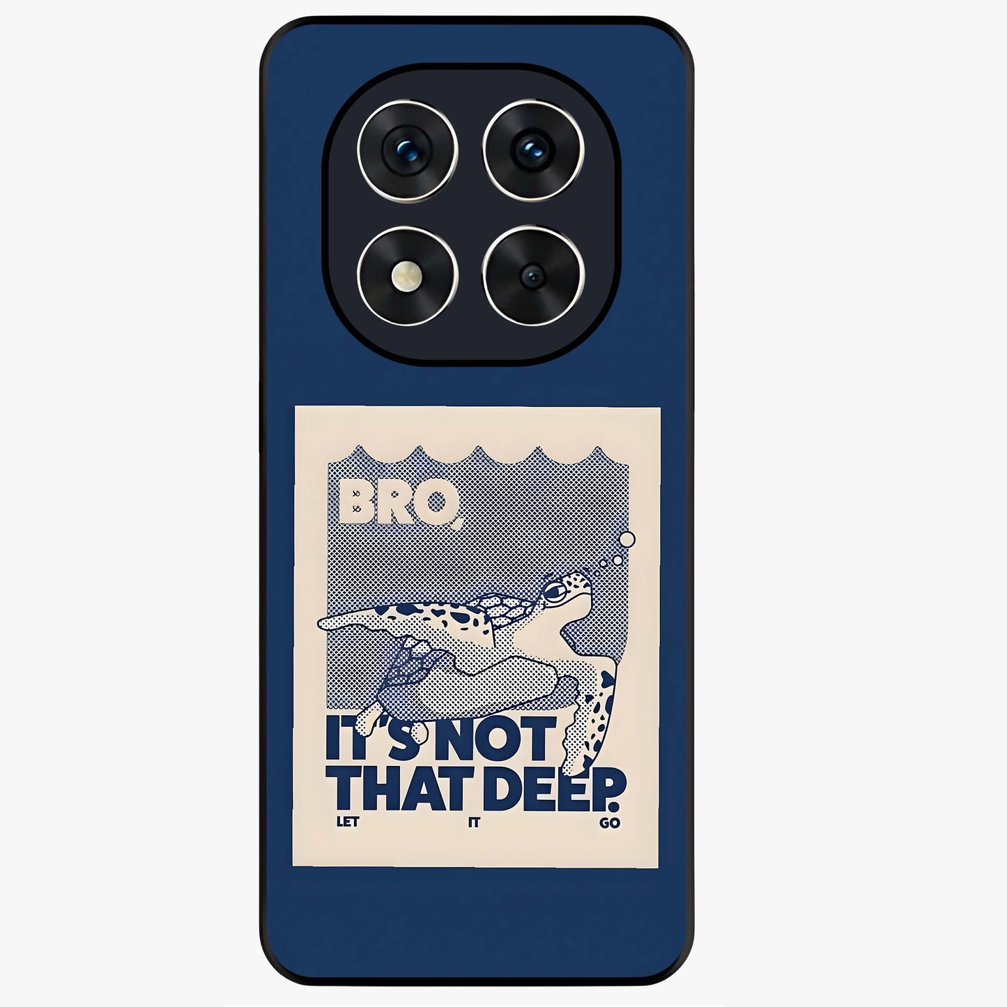 Worry Less Swim Glass Case showing flat back view with playful motivational artwork and glossy glass finish.