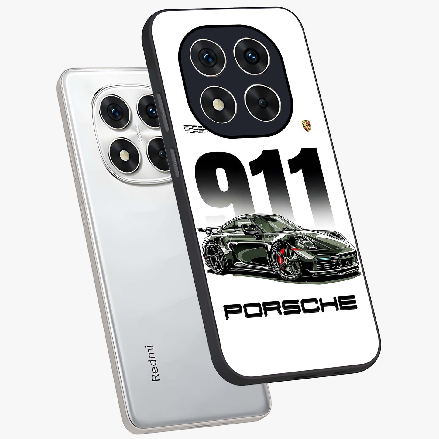 911 Turbo Dominance Glass Case displayed in premium angled mockup highlighting sporty car illustration and sleek glass surface.