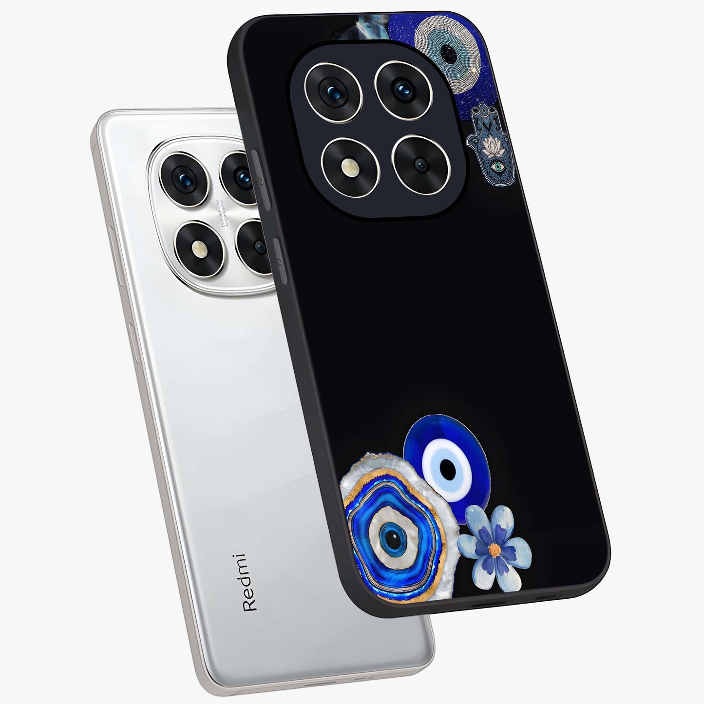 Aesthetic Blue Evil Eye Glass Case displayed in angled mockup highlighting blue evil eye symbol and spiritual aesthetic design.