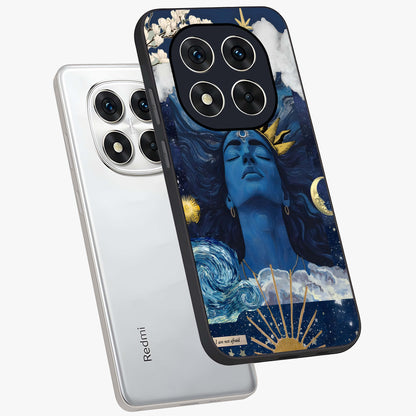 Aesthetic Lord Shiva Glass Case displayed in angled mockup highlighting spiritual Shiva illustration and sacred aesthetic design.