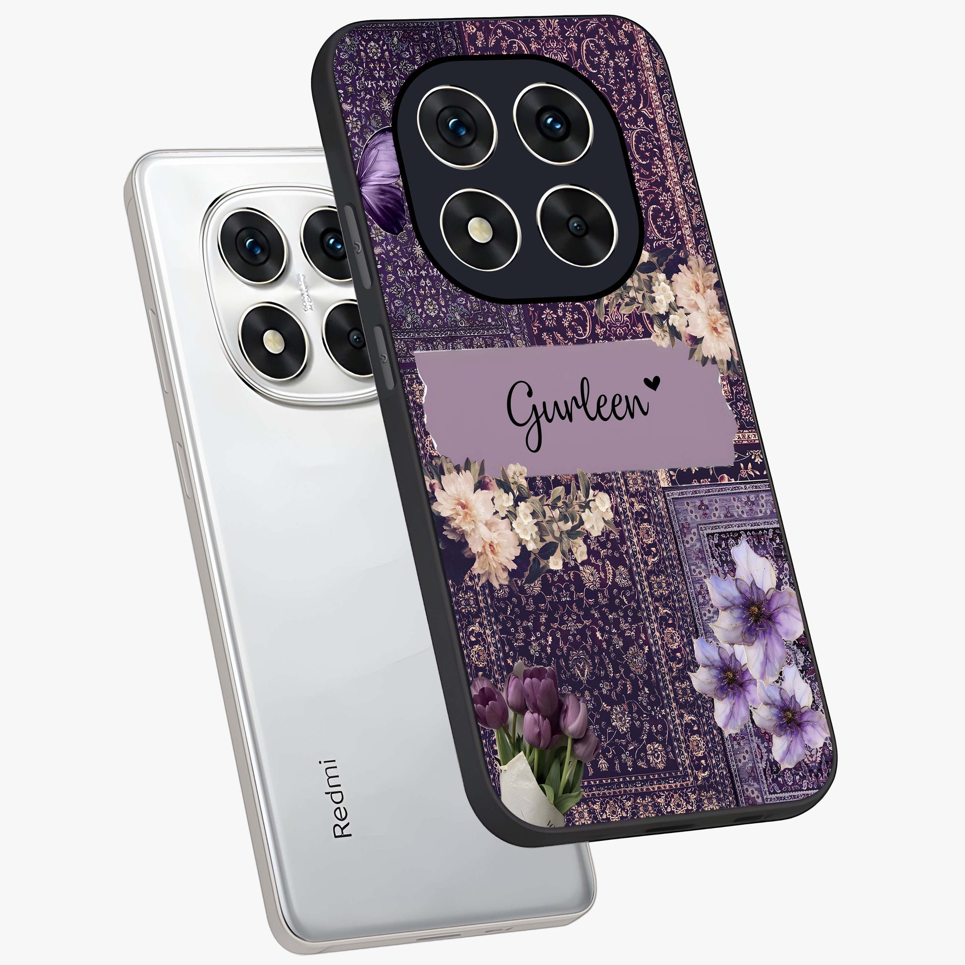 Antique Floral Whisper Custom Name Glass Case displayed in angled mockup highlighting elegant antique floral aesthetic.