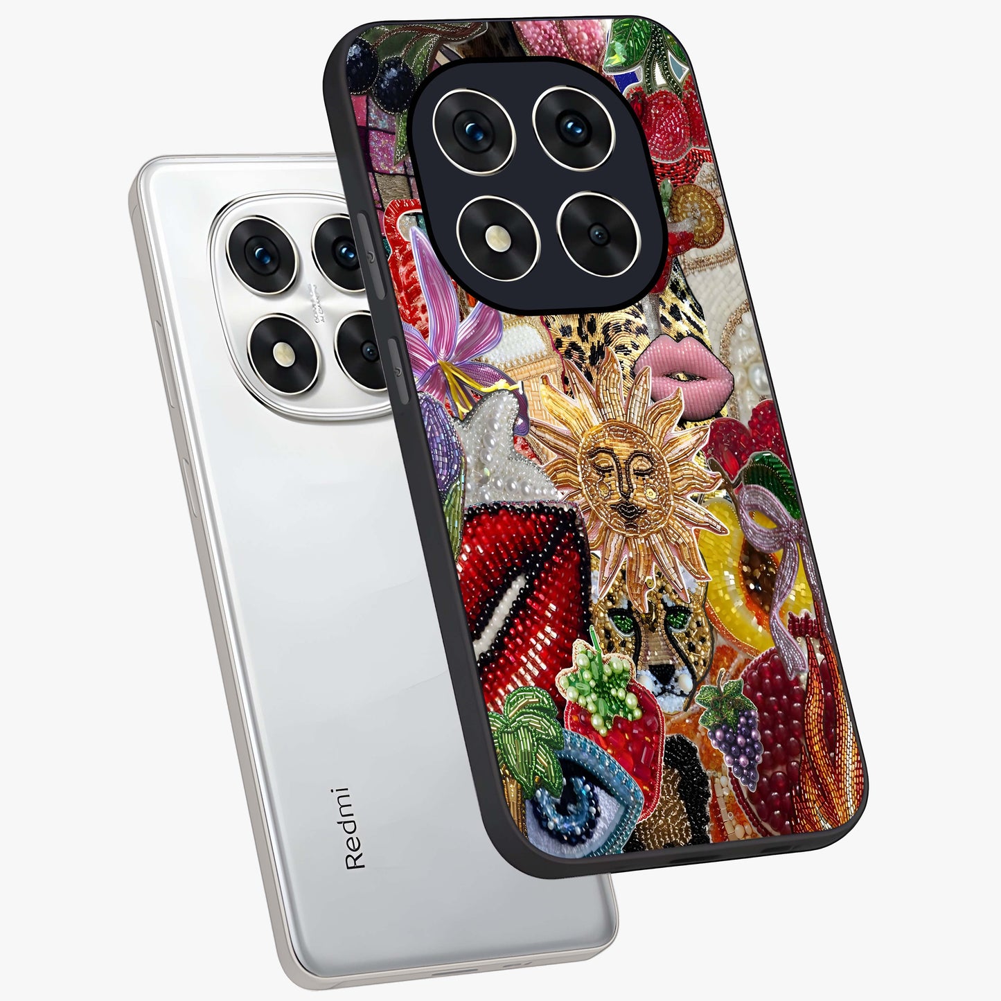 Beaded Fashion Jungle Glass Case displayed in angled mockup highlighting colorful fashion bead design and artistic pattern.