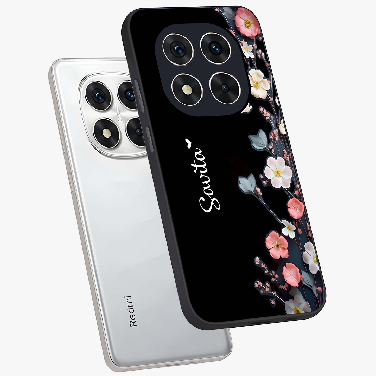 Black Elegance Floral Custom Name Glass Case displayed in angled mockup highlighting dark floral aesthetic and custom name feature.