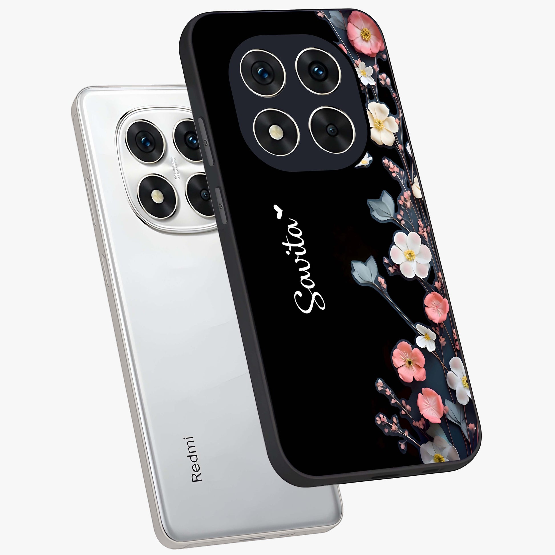 Black Elegance Floral Custom Name Glass Case displayed in angled mockup highlighting dark floral aesthetic and custom name feature.