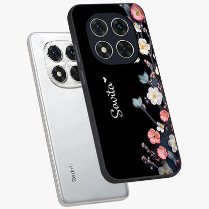 Black Elegance Floral Custom Name Glass Case displayed in angled mockup highlighting dark floral aesthetic and custom name feature.