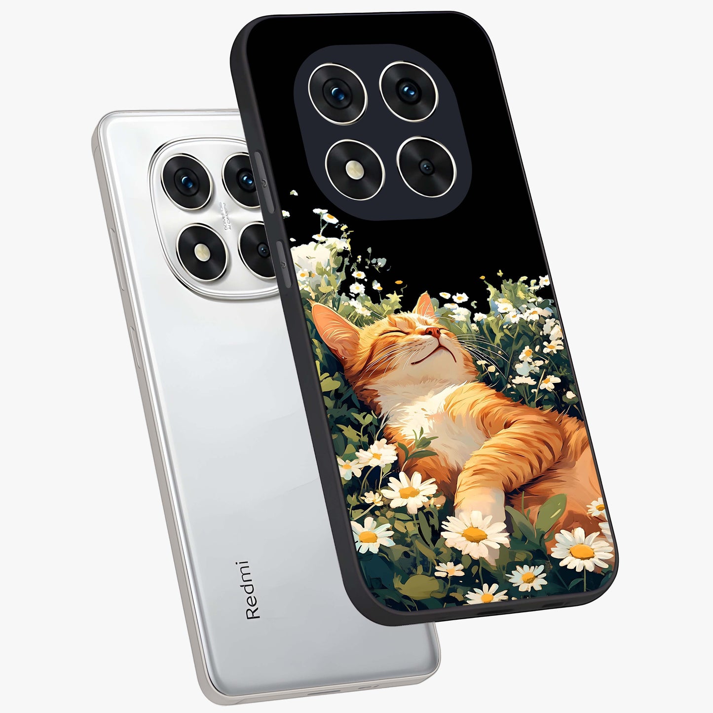 Blissful Bloom Cat Glass Case displayed in angled mockup highlighting playful feline illustration with soft floral aesthetic.