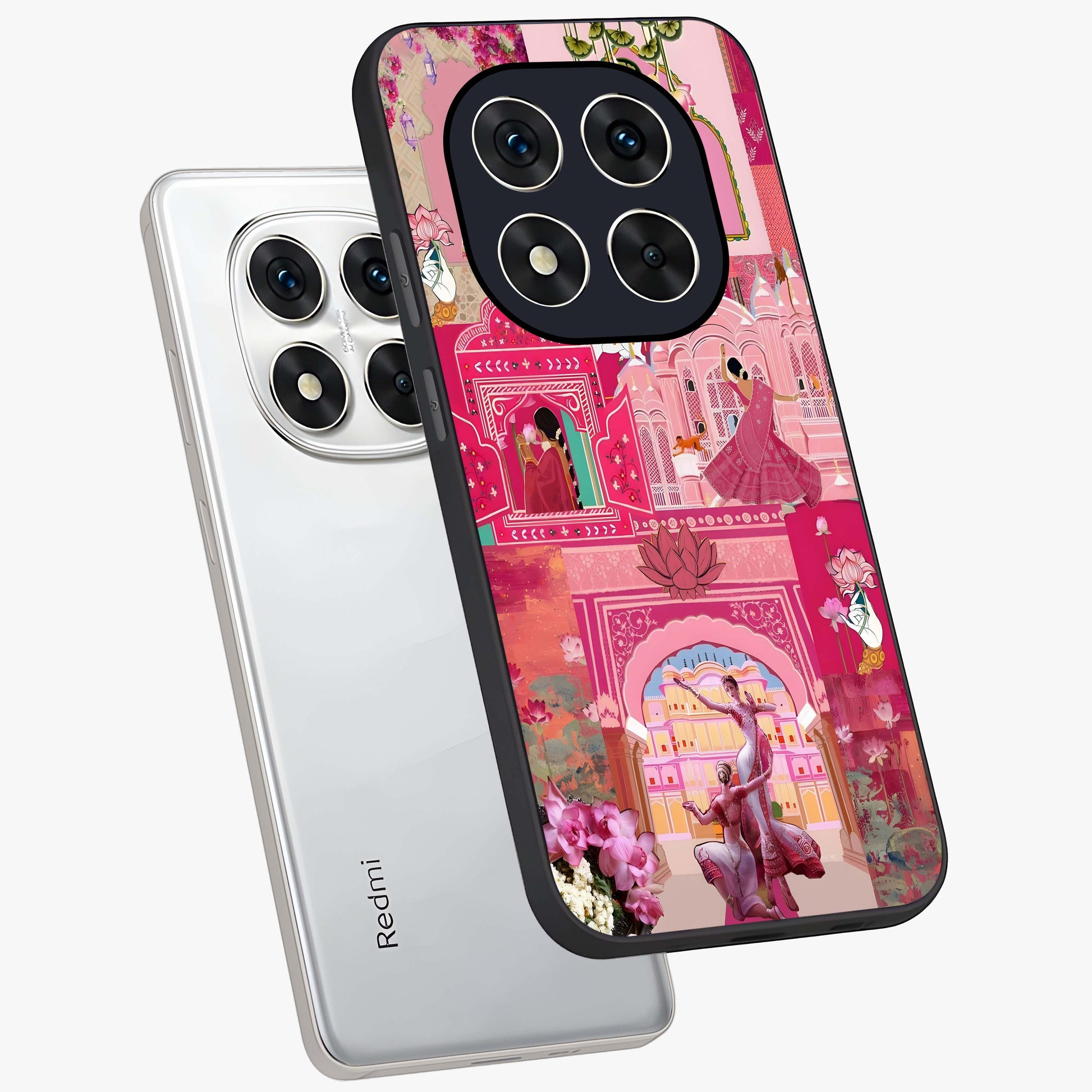 Blossoms of Rajasthan Glass Case displayed in angled mockup highlighting vibrant floral pattern with cultural aesthetic style.