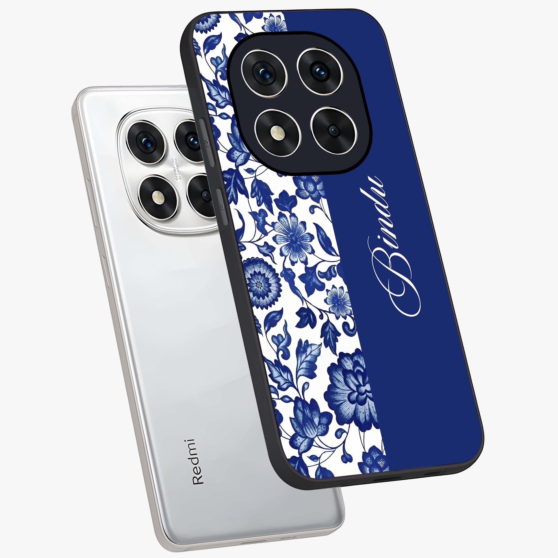 Blue Vintage Floral Pattern Glass Case displayed in angled mockup highlighting subtle bloom pattern with aesthetic pastel design.