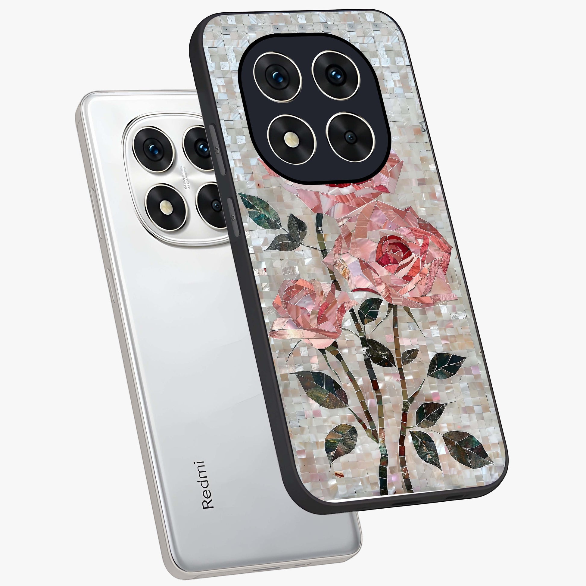 Blush Mosaic Bloom Glass Case displayed in angled mockup highlighting artistic mosaic flower pattern with aesthetic design.