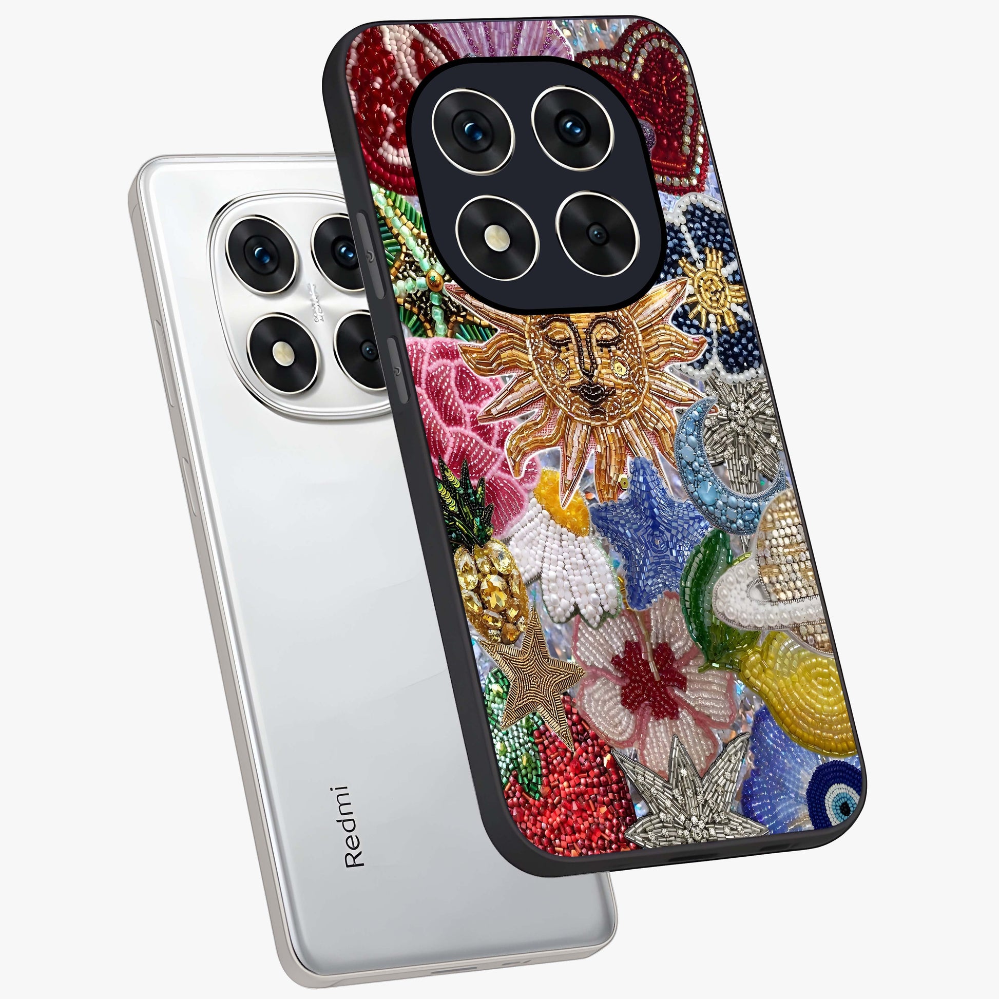Celestial Floral and Playful Glass Case displayed in angled mockup highlighting playful floral design with dreamy celestial elements.
