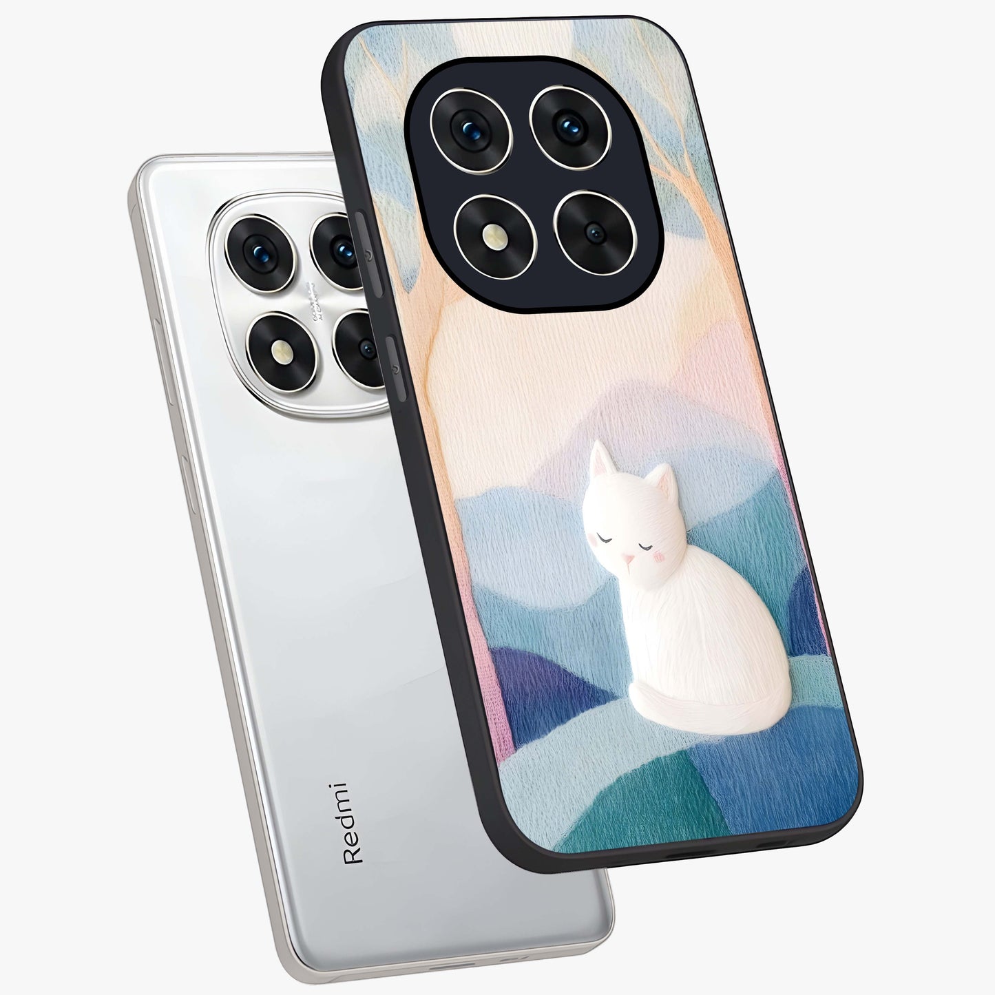 Cotton Dream Cat Glass Case displayed in angled mockup highlighting cute feline illustration with pastel aesthetic style.