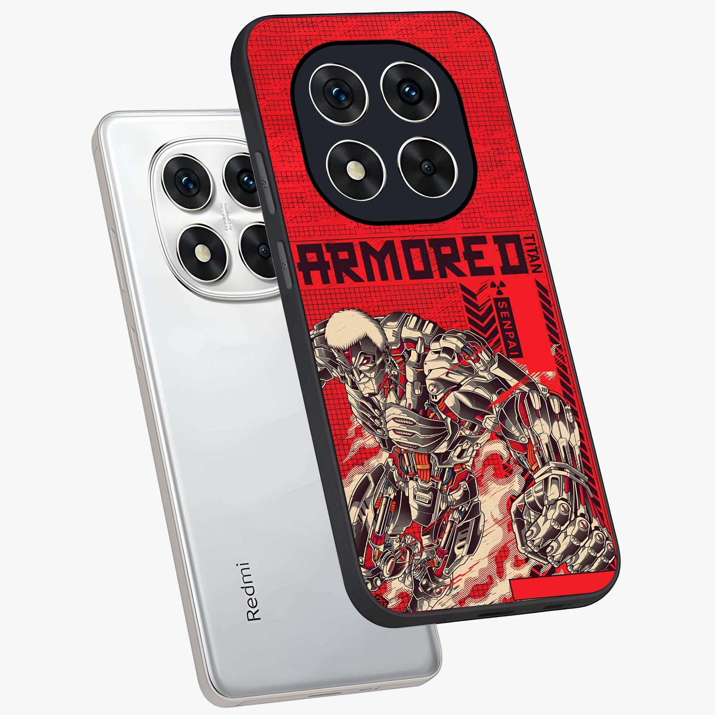Crimson Mecha Titan Glass Case displayed in angled mockup highlighting futuristic mech illustration with bold crimson aesthetic.