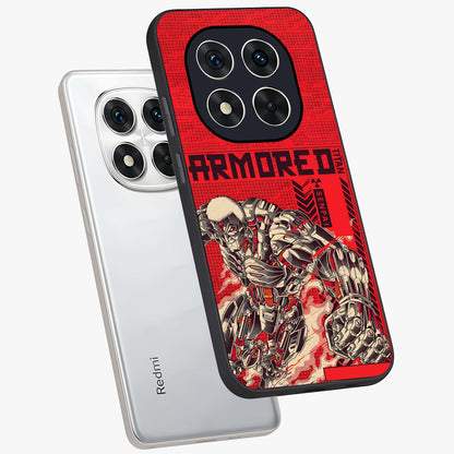 Crimson Mecha Titan Glass Case displayed in angled mockup highlighting futuristic mech illustration with bold crimson aesthetic.