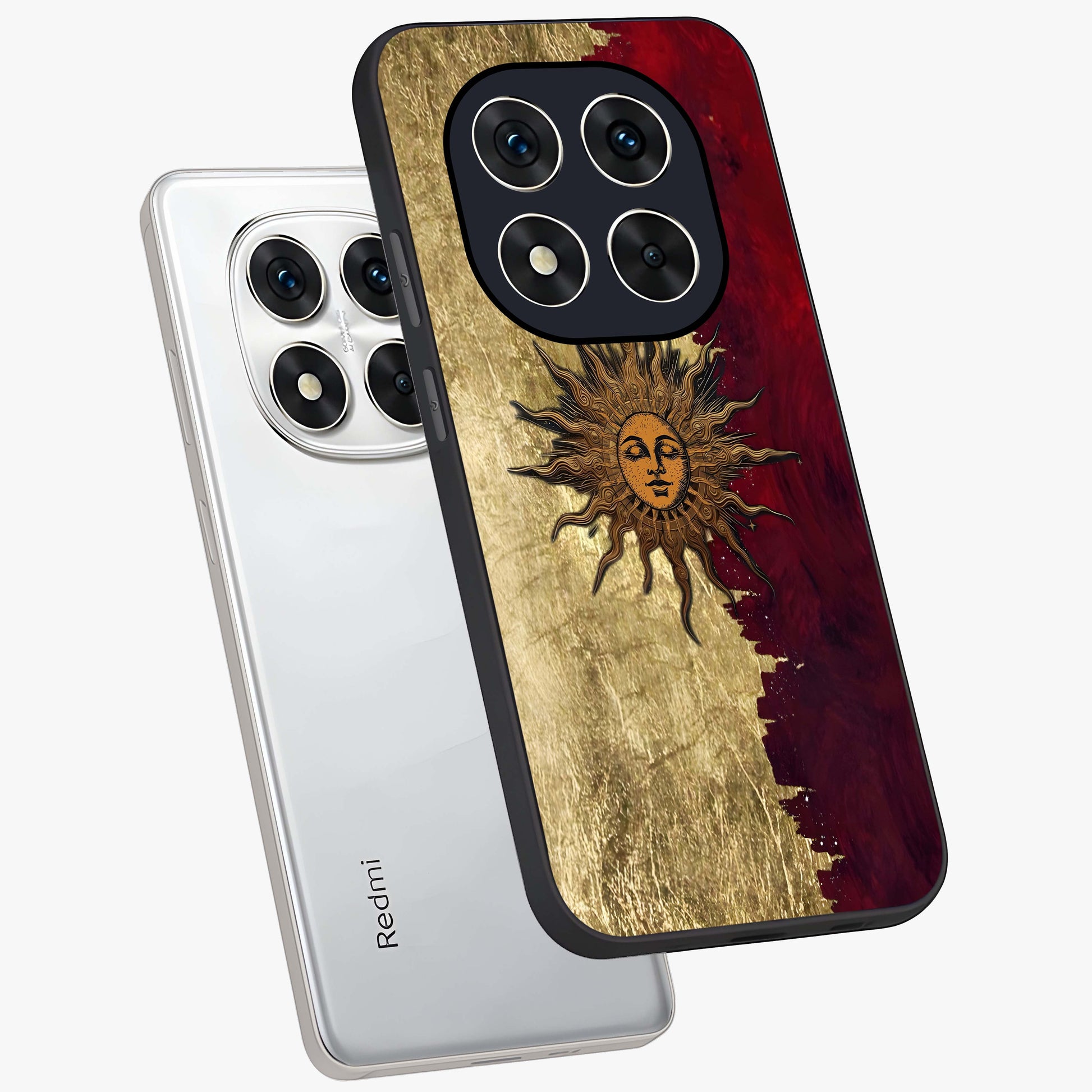 Crimson Sun Majesty Glass Case displayed in angled mockup highlighting majestic crimson sun design with bold aesthetic style.